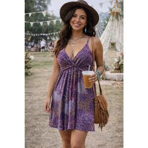 Boho Chic Purple Mini Dress with Floral Pattern Olsenboye Large